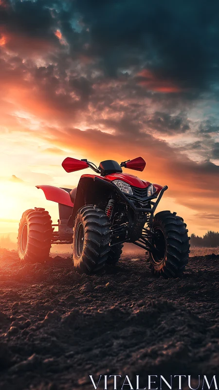 Sunset trailblazer ATV poised on molten sky-kissed earth.