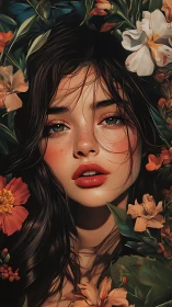 Freckled woman framed by lush flowers in warm light.