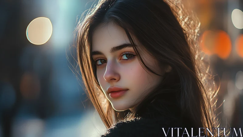 Youthful portrait in golden hour bokeh street lighting.