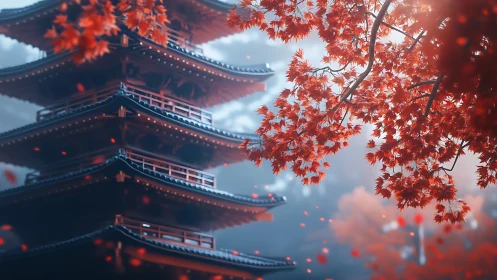 Autumn maple foliage framing multi tiered Japanese pagoda