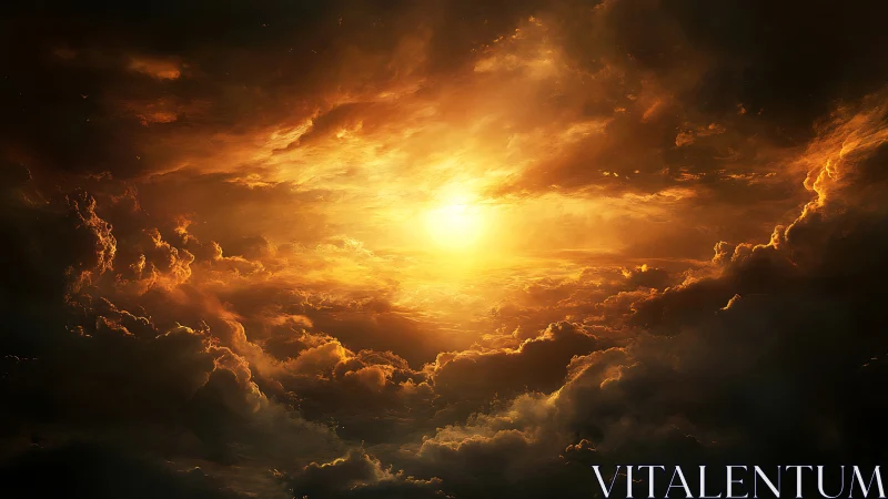 Dense cloudscape with central luminous solar region.