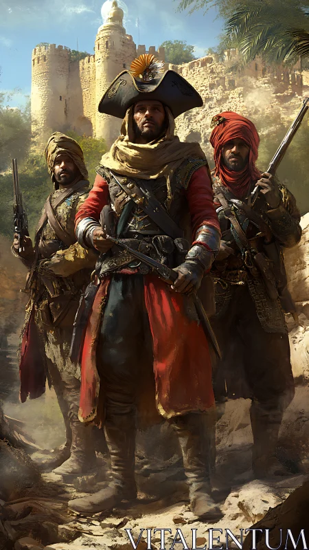 Desert corsairs stride toward the sunlit fortress gates