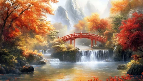 Scarlet arch bridge over misty autumn cascades at dawn.