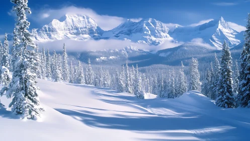 High alpine conifer forest under fresh powder snow and peaks