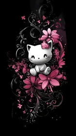 Enchanted Feline: Cute Cat Surrounded by Pink Floral Elegance