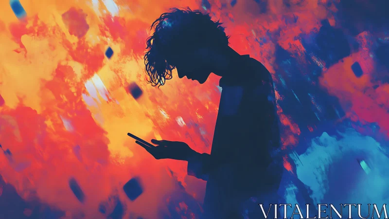 Silhouette teen studies glowing phone against neon clouds.