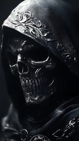 Midnight reaper spirit gazes from a shadowed silver hood