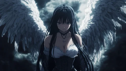 Midnight winged guardian standing between storm and starlight.