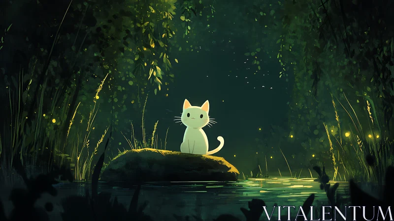 White cat sitting on rock in illuminated forest stream clearing