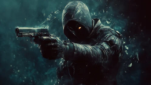 Hooded gunman with glowing eyes emerging through smoke.