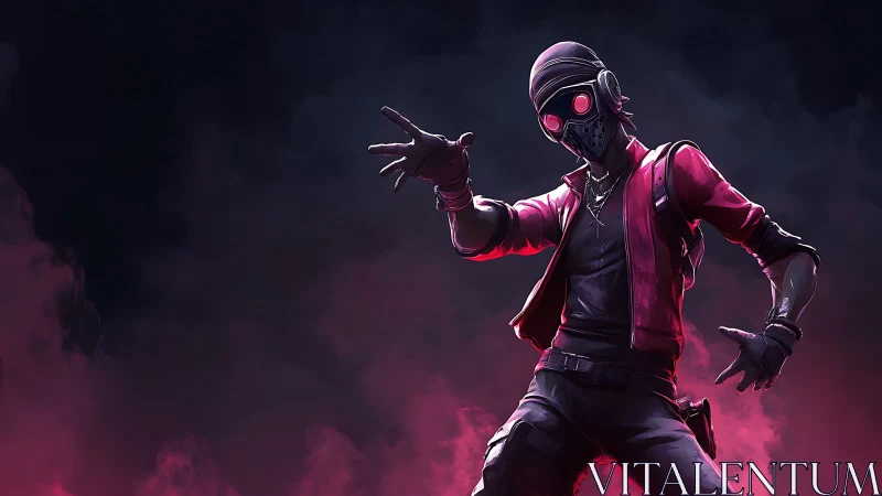 Hooded cyber street rogue in neon magenta fog, dynamic pose