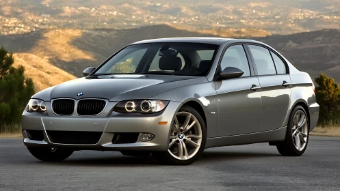 Silver sports sedan catches sunset glow on mountain road