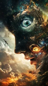 Cosmic nebula face with vortex eye and astral battlefield vision