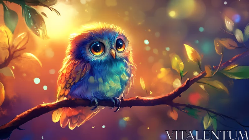 Adorable Colorful Owl on Branch in Vibrant Fantasy Art Style.