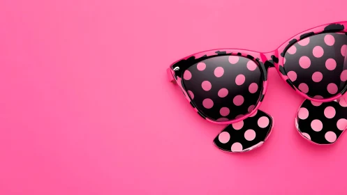 Retro polka dot sunglasses on vibrant pink background, pop art style.