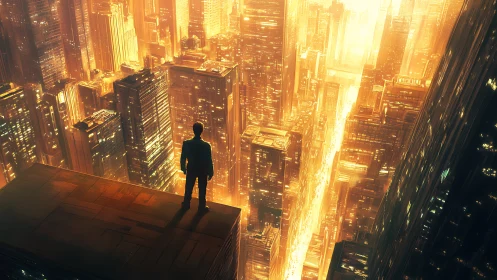 Man overlooks glowing futuristic city canyon at sunset
