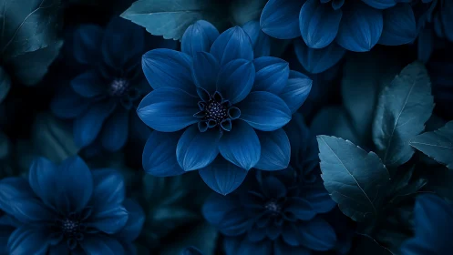 Dahlia Blooms in Deep Blue Lighting Arrangement