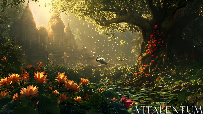 Radiant jungle temple courtyard with heron, lotus pond and volumetric light