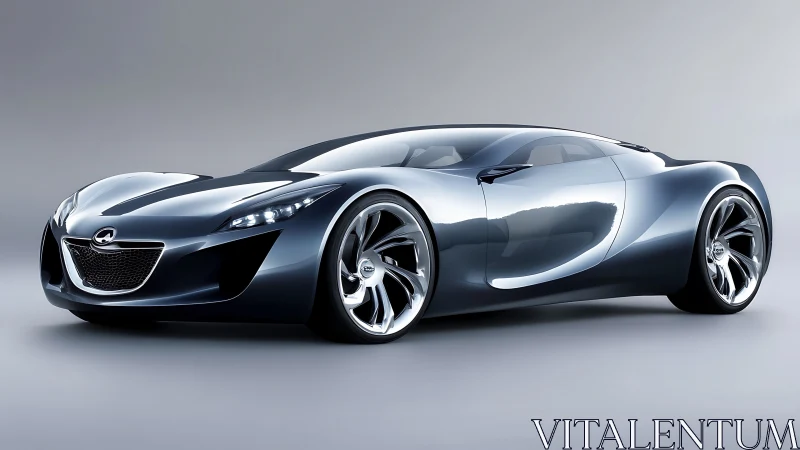 Futuristic silver sports car concept with sculpted curves.