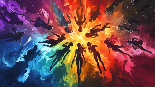 Silhouetted heroes converge within swirling chromatic vortex.