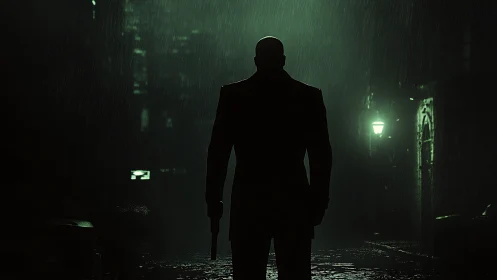 Silhouetted armed figure stands in rainy green-lit alley