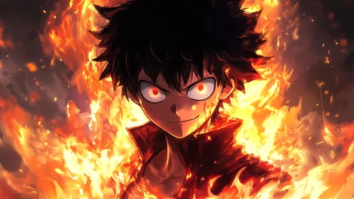 Fiery anime warrior emerges from roaring inferno blaze.