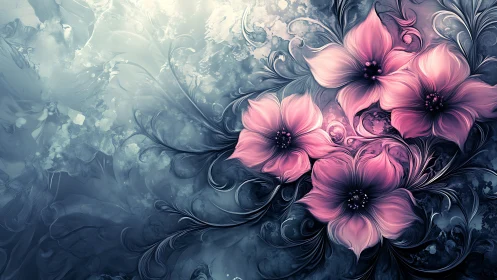 Pink Flowers Against Ethereal Blue Abstract Swirls