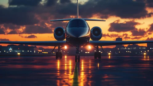 Low-angle frontal view of private jet on wet runway at dusk