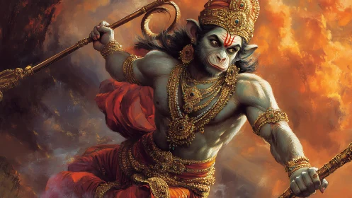 Mythic monkey warrior with mace amid fiery sky backdrop.