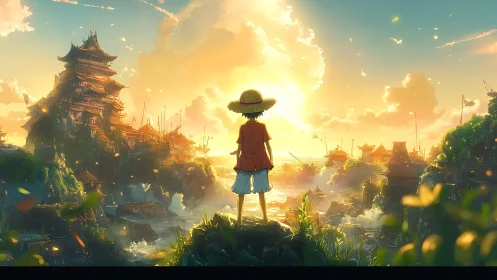 Sunlit coastal village vista with lone straw-hatted wanderer.