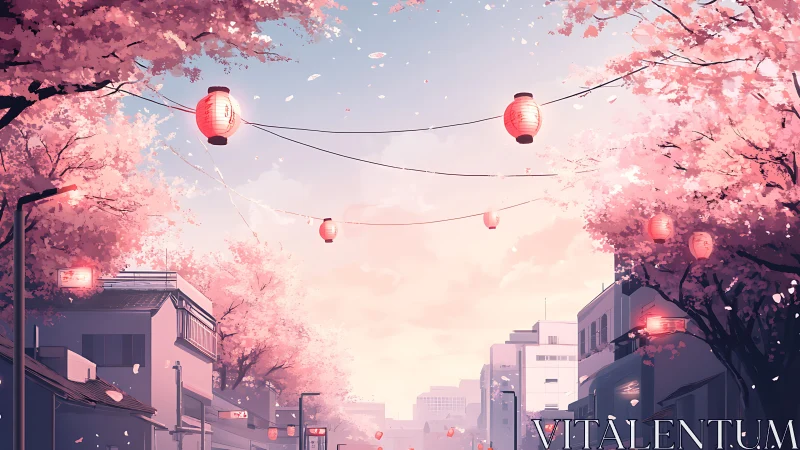 Street scene shows lanterns suspended above urban roadway