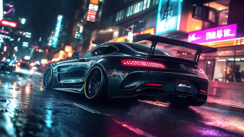 Rain-slicked supercar prowls neon-drenched midnight avenues.