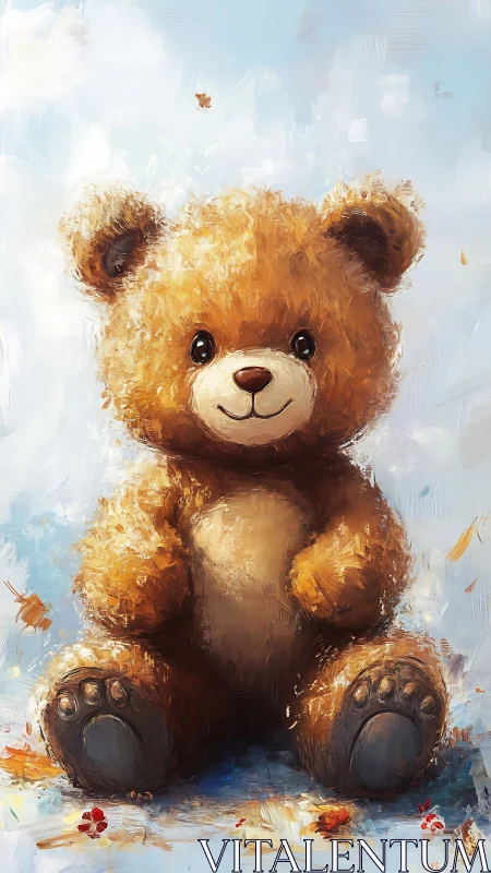 Warm teddy bear portrait glows softly against a pastel sky