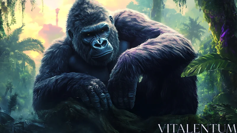 Massive silverback gorilla resting in lush neon jungle.