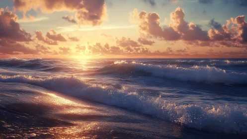 Sunlit ocean waves under dense clouds at sunset.