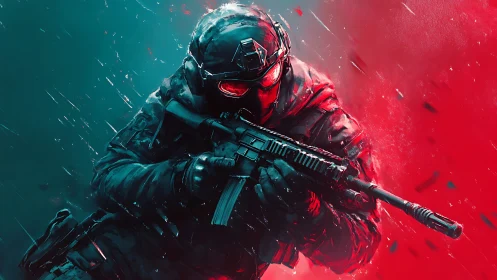 Armored tactical soldier aims rifle amid red teal field