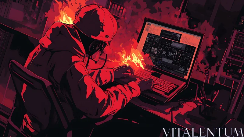 Hooded operator codes on laptop as stylized flames frame workstation