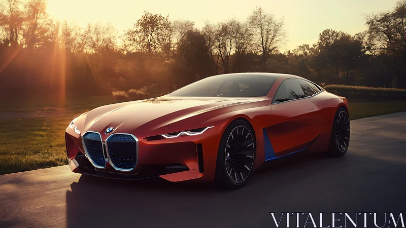 Red BMW sports coupe parked outdoors at sunset light.