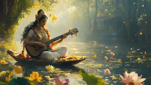 Gentle river goddess strums her guitar in glowing lotus light