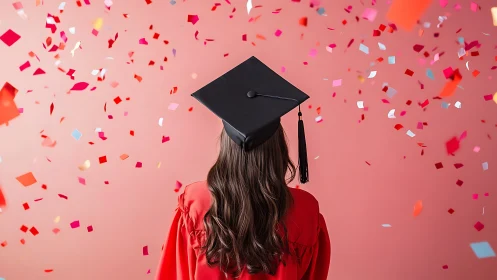 Graduate in Cap and Gown with Confetti Celebration, Vibrant Style.