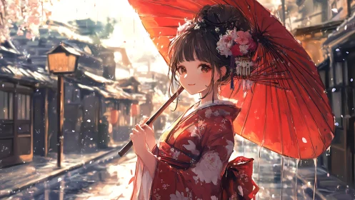 Kimono girl under red umbrella in old town street.