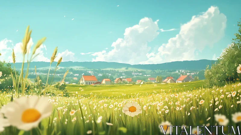 Sunlit daisy meadow frames quiet red-roof village horizon.