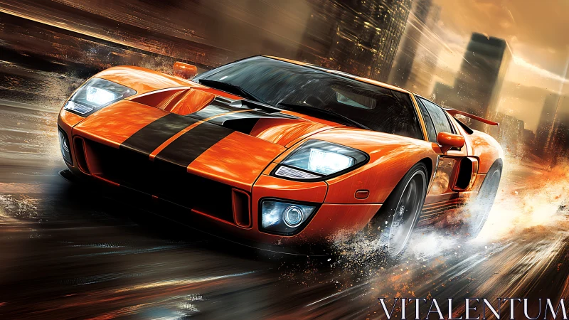 Blazing orange supercar slices through rain-soaked neon streets.