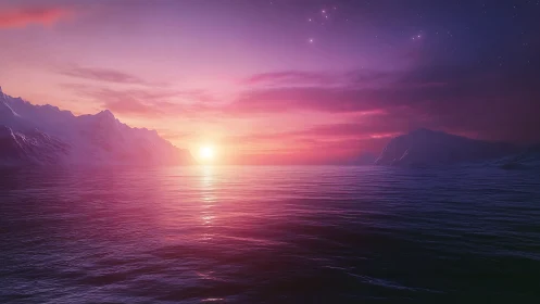 Radiant alien ocean sunset glows beneath violet skies.