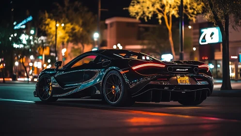 Midnight supercar glows softly under vibrant city lights