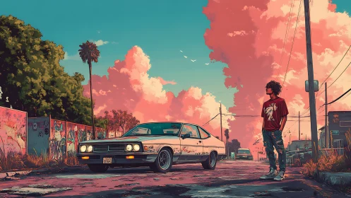 Young man stands beside vintage car on quiet urban street