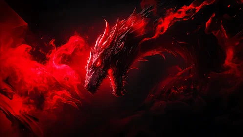 Fiery crimson dragon emerging from swirling shadows.