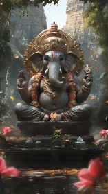 Ornate Ganesha statue in garden shrine with water basin.