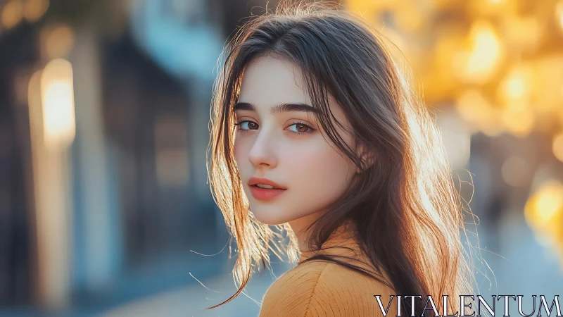 Young woman in golden hour street portrait looks back softly