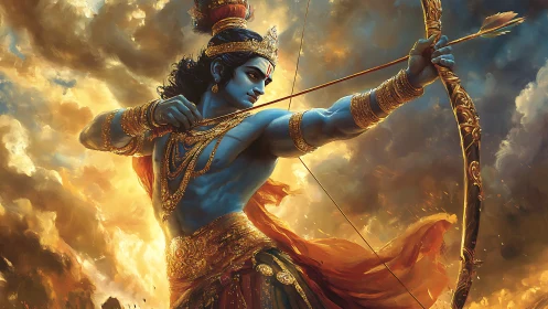 Radiant blue archer poised in golden swirling skies.